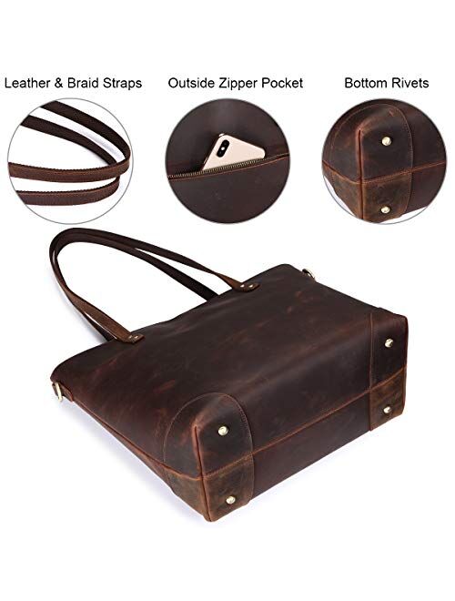 S-ZONE Vintage Genuine Leather Shoulder Laptop Bag Work Totes for Women Purse Handbag with Back Zipper Pocket