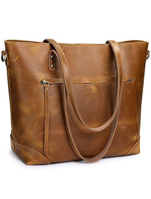 S-ZONE Vintage Genuine Leather Shoulder Laptop Bag Work Totes for Women Purse Handbag with Back Zipper Pocket