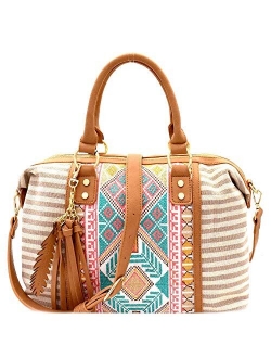 Boho Tassel Leaf Charm Aztec & Stripe Print Canvas Satchel Tote Handbag Purse