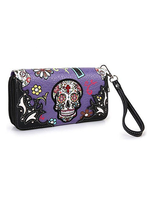 Cowgirl Trendy Western Purse Sugar Skull, Cross Clutch Wallet Day of the Dead Wristlet (Purple)