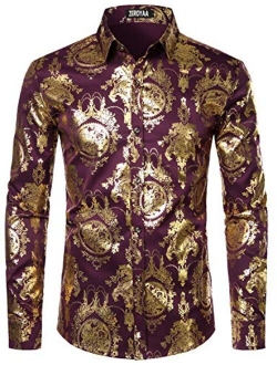 Men's Luxury Shiny Gold Design Silk Slim Fit Long Sleeve Button up Dress Shirts