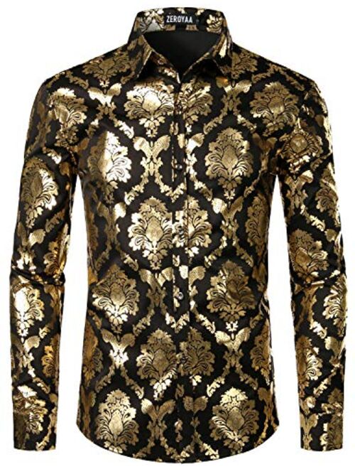 ZEROYAA Men's Luxury Shiny Gold Design Silk Slim Fit Long Sleeve Button up Dress Shirts