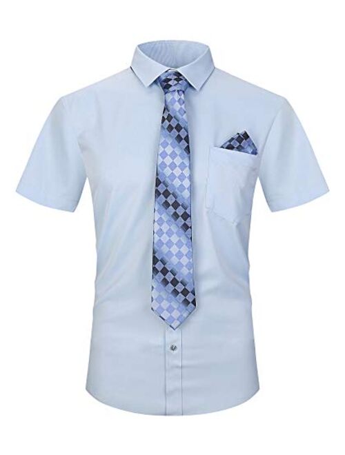 XTAPAN Men's Dress Shirt-Long Sleeve Regular Fit Button Down Shirt with Matching Tie and Handkerchief