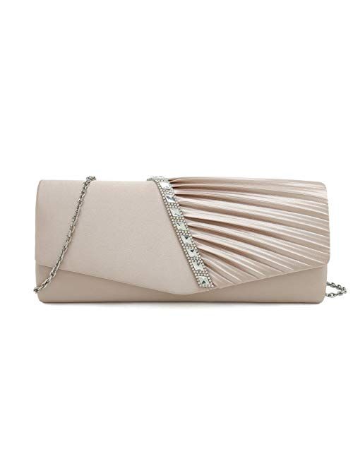 Charming Tailor Evening Handbag Crystal Embellished and Pleated Satin Clutch