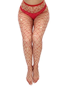 Sexy Jeweled Sparkly Diamond Fishnet Stockings High Waist Tights Shiny Rhinestone Sheer Pantyhose With Bling Crystals