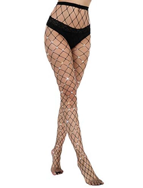 Sexy Jeweled Sparkly Diamond Fishnet Stockings High Waist Tights Shiny Rhinestone Sheer Pantyhose With Bling Crystals