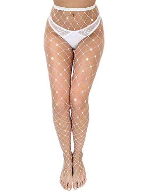 Sexy Jeweled Sparkly Diamond Fishnet Stockings High Waist Tights Shiny Rhinestone Sheer Pantyhose With Bling Crystals