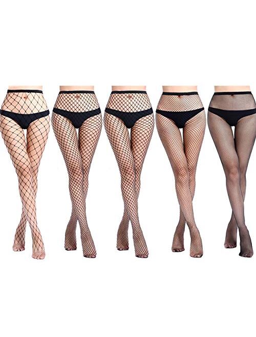 Amandir 4-5 Pairs Fishnet Stockings Womens Lace Mesh Patterned Fishnet Leggings Tights Net Pantyhose