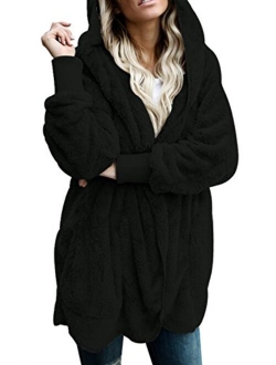 ZNCMRR Women's Long Sleeve Open Front Fuzzy Coat Fleece Loose Hooded Cardigan Jacket Outwear with Pockets Plus Size