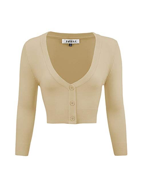 YEMAK Women's Cropped Bolero 3/4 Sleeve Button Down Cardigan Sweater (S-4X)