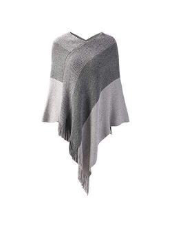 Womens Poncho Sweater V Neck Striped Pullover Soft Scarf Wrap Cape with Fringes