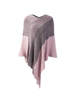 Womens Poncho Sweater V Neck Striped Pullover Soft Scarf Wrap Cape with Fringes