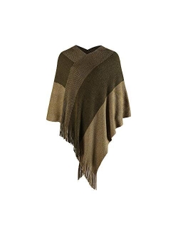 Womens Poncho Sweater V Neck Striped Pullover Soft Scarf Wrap Cape with Fringes