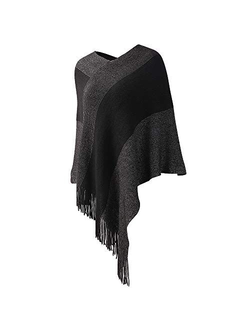 Womens Poncho Sweater V Neck Striped Pullover Soft Scarf Wrap Cape with Fringes