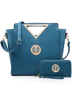 Women Fashion Handbag Chic Triangle Handle Shoulder Bag Tote Satchel Work Purse w/Matching Wallet