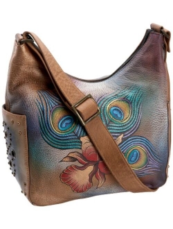 Anuschka Women's Genuine Leather Shoulder Bag | Hand Painted Original Artwork | Classic Hobo With Studded Side Pockets