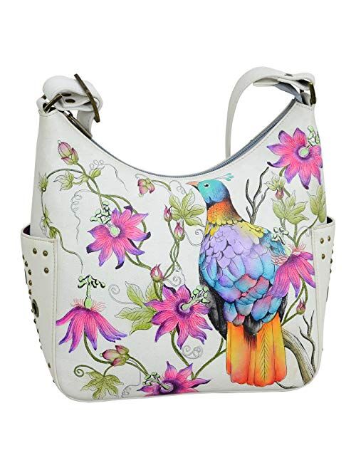 Anuschka Women's Genuine Leather Shoulder Bag | Hand Painted Original Artwork | Classic Hobo With Studded Side Pockets