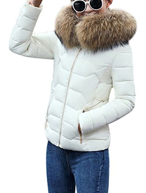 YMING Womens Winter Down Cotton Coat Quilted Parka Jacket with Faux Fur Hood