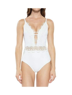 Becca by Rebecca Virtue Women's Crochet Scallop Plunge One Piece Swimsuit Swimsuit