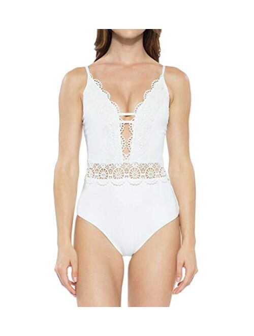 Becca by Rebecca Virtue Women's Crochet Scallop Plunge One Piece Swimsuit Swimsuit