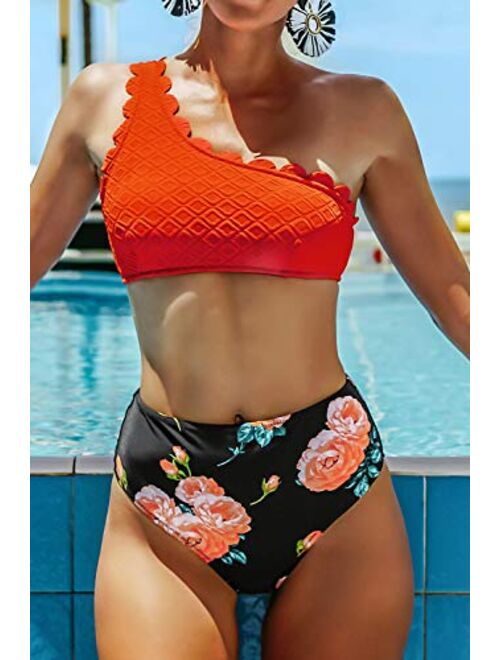 CUPSHE Women's Solid Wavy Edge One-Shoulder Bikini Set Rain of Petals