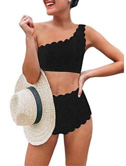 Aleumdr Womens Vintage High Waisted Two Pieces Scalloped Trim One Shoulder Bikini Bathing Suit