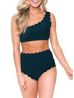 Aleumdr Womens Vintage High Waisted Two Pieces Scalloped Trim One Shoulder Bikini Bathing Suit