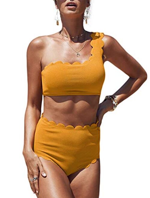 Aleumdr Womens Vintage High Waisted Two Pieces Scalloped Trim One Shoulder Bikini Bathing Suit