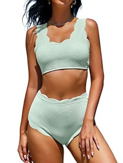 Women's Scalloped Textured Swimwear High Waisted Wide Strap Adjustable Back Lace-up Bikini Set Swimsuit