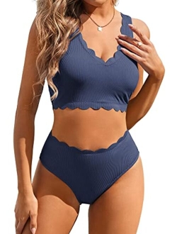 Women's Scalloped Textured Swimwear High Waisted Wide Strap Adjustable Back Lace-up Bikini Set Swimsuit