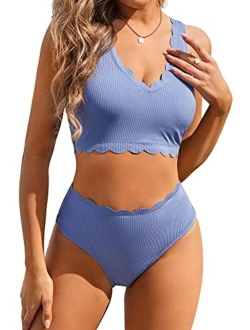 Women's Scalloped Textured Swimwear High Waisted Wide Strap Adjustable Back Lace-up Bikini Set Swimsuit