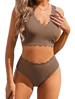 Women's Scalloped Textured Swimwear High Waisted Wide Strap Adjustable Back Lace-up Bikini Set Swimsuit