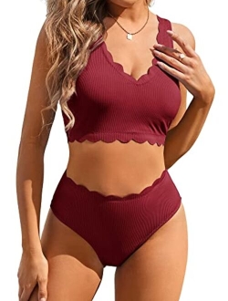 Women's Scalloped Textured Swimwear High Waisted Wide Strap Adjustable Back Lace-up Bikini Set Swimsuit