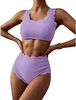 Women's Scalloped Textured Swimwear High Waisted Wide Strap Adjustable Back Lace-up Bikini Set Swimsuit