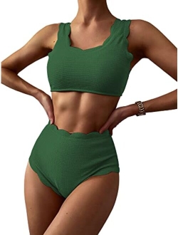 Women's Scalloped Textured Swimwear High Waisted Wide Strap Adjustable Back Lace-up Bikini Set Swimsuit