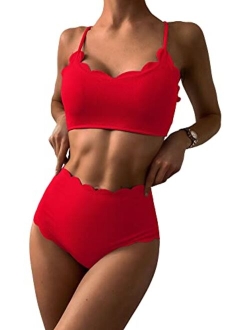 Women's Scalloped Textured Swimwear High Waisted Wide Strap Adjustable Back Lace-up Bikini Set Swimsuit