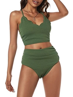 Women's Scalloped Textured Swimwear High Waisted Wide Strap Adjustable Back Lace-up Bikini Set Swimsuit