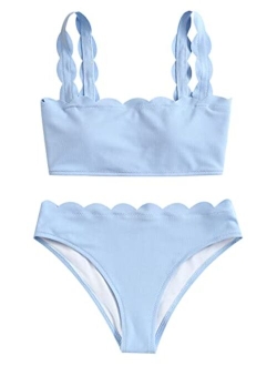 Women's Scalloped Textured Swimwear High Waisted Wide Strap Adjustable Back Lace-up Bikini Set Swimsuit