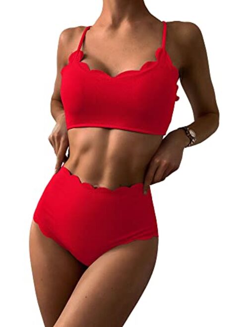 ZAFUL Women's Scalloped Textured Swimwear High Waisted Wide Strap Adjustable Back Lace-up Bikini Set Swimsuit