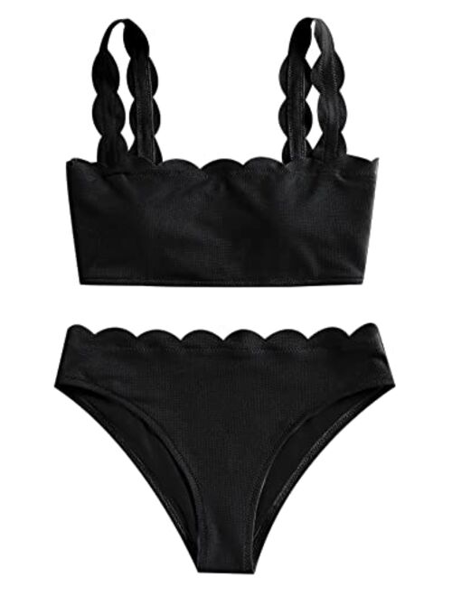 ZAFUL Women's Scalloped Textured Swimwear High Waisted Wide Strap Adjustable Back Lace-up Bikini Set Swimsuit