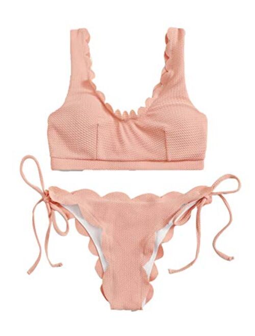 SweatyRocks Women's 2 Pieces Swimsuit High Waist Scalloped Trim Lace Up Bikini Set