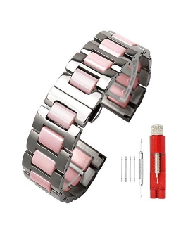 Luxury Black White Blue Green Brown Pink Ceramic Watch Band Stainless Steel Watch Bracelets Deployment Clasp Metal Watch Strap for Men Women 14mm 16mm 18mm 20mm 22mm