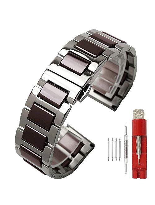 Luxury Black White Blue Green Brown Pink Ceramic Watch Band Stainless Steel Watch Bracelets Deployment Clasp Metal Watch Strap for Men Women 14mm 16mm 18mm 20mm 22mm