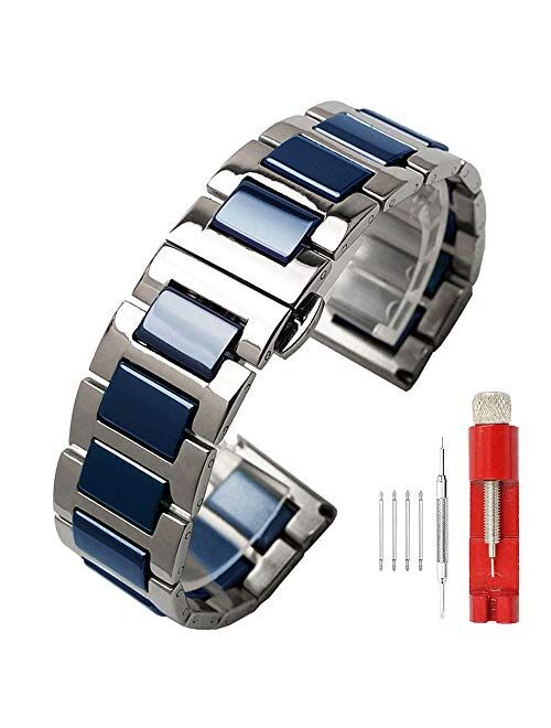 Luxury Black White Blue Green Brown Pink Ceramic Watch Band Stainless Steel Watch Bracelets Deployment Clasp Metal Watch Strap for Men Women 14mm 16mm 18mm 20mm 22mm