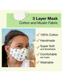 Girls Three Layer Face Mask. White Fabric, 100% Cotton, Washable. One Size