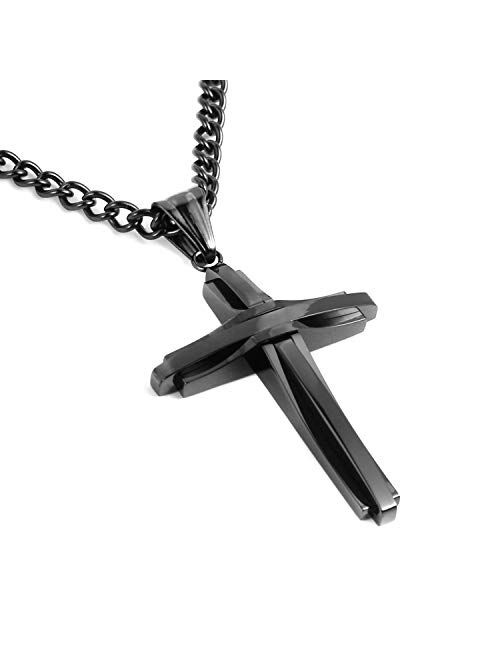 HZMAN Mens Polished Stainless Steel Silver Cross Pendant Necklace 22+2 Inches Chain