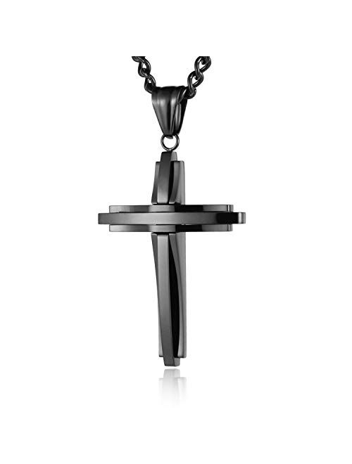 HZMAN Mens Polished Stainless Steel Silver Cross Pendant Necklace 22+2 Inches Chain