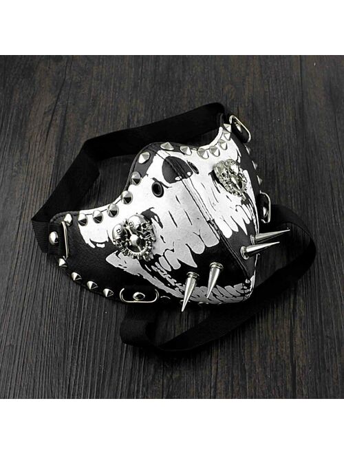 Mens White Skull Spike Punk Gothic Leather Mask Cosplay Biker Mask