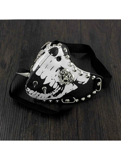 Mens White Skull Spike Punk Gothic Leather Mask Cosplay Biker Mask