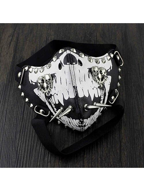 Mens White Skull Spike Punk Gothic Leather Mask Cosplay Biker Mask